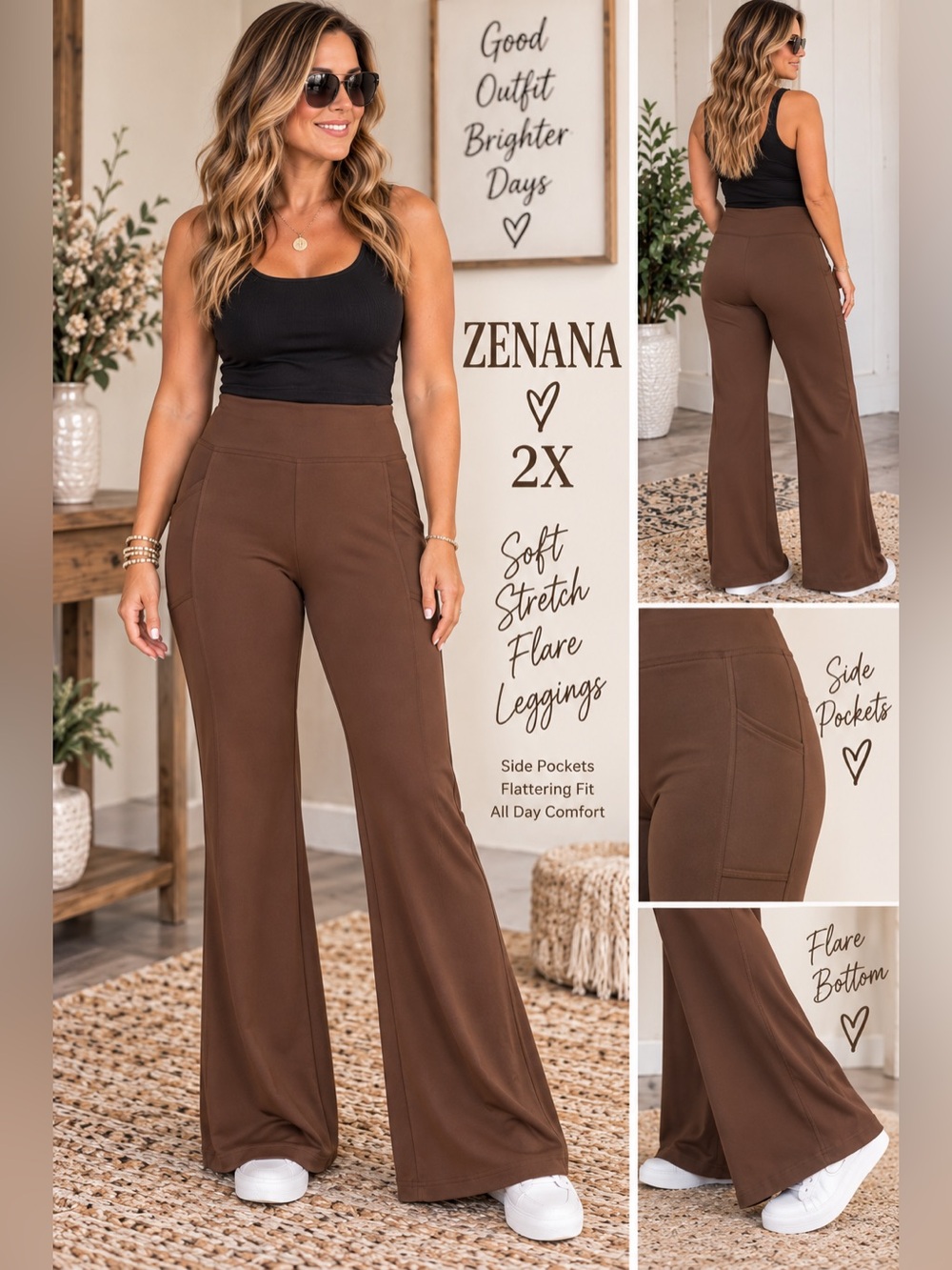 Zenana Outfitters Brown Flare Leggings with Side Pockets